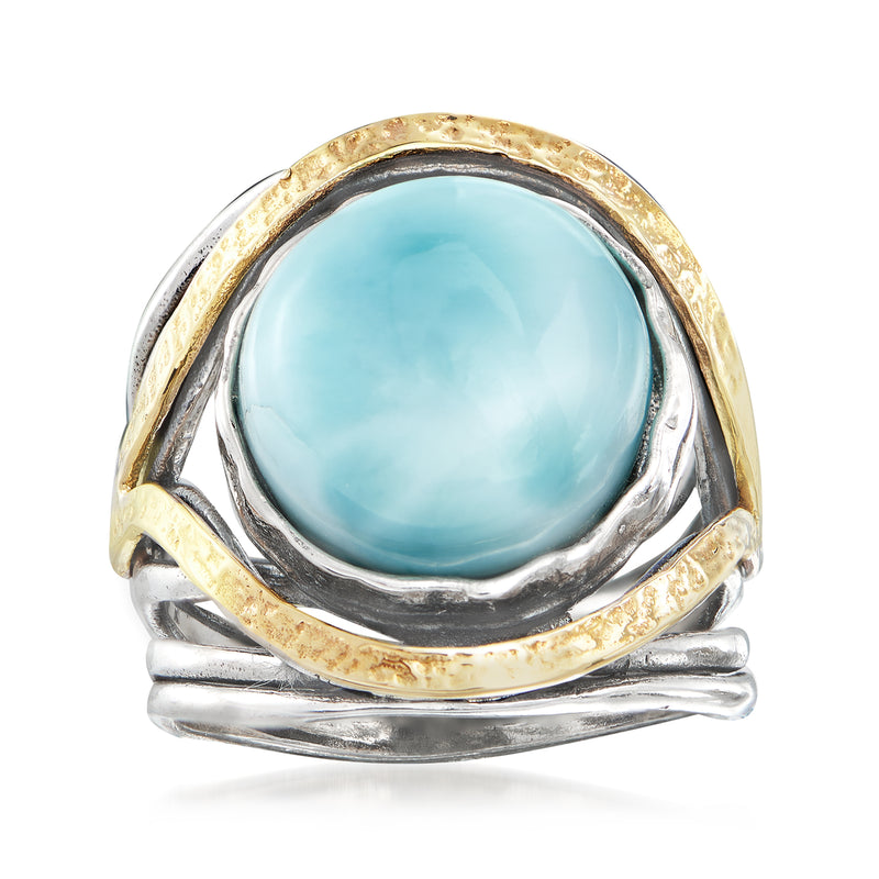 Larimar cabochon ring with sterling silver and 14kt yellow gold bezel, oval blue gemstone.