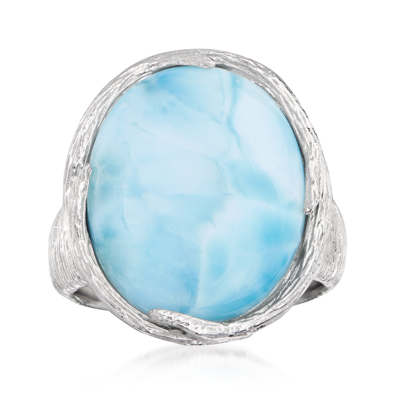 Sterling silver ring with oval blue larimar gemstone in a twisted bezel setting