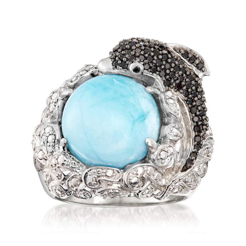 Sterling silver dolphin ring with round light-blue larimar center and black spinel accents