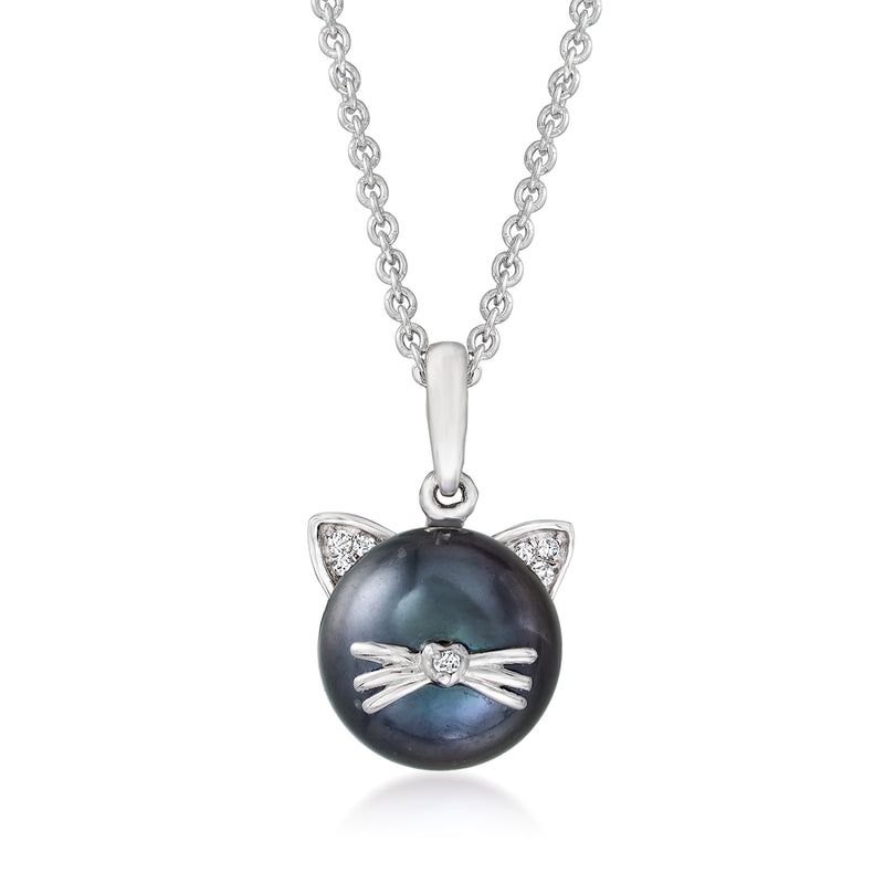 Black cat pearl pendant necklace in sterling silver with diamond eyes, link chain