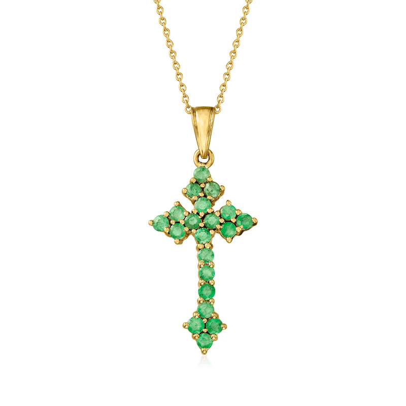 18kt gold over sterling cross pendant necklace with green emerald-cut stones