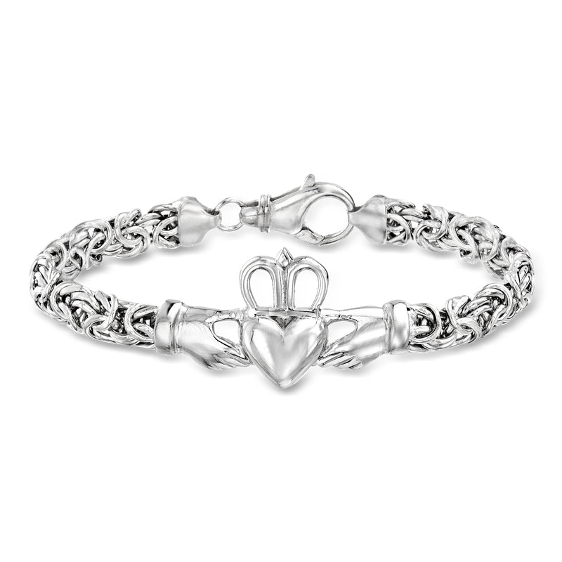 Sterling silver Byzantine bracelet with raised heart claddagh motif and clasp