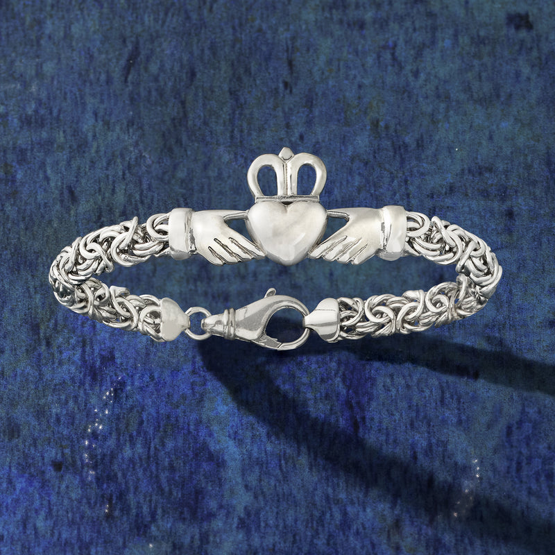 Sterling silver Byzantine claddagh bracelet with heart centerpiece and hinged clasp
