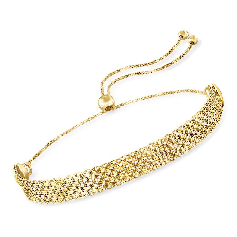 18kt gold over sterling Bismarck-link bolo bracelet with gold mesh chain and round end caps