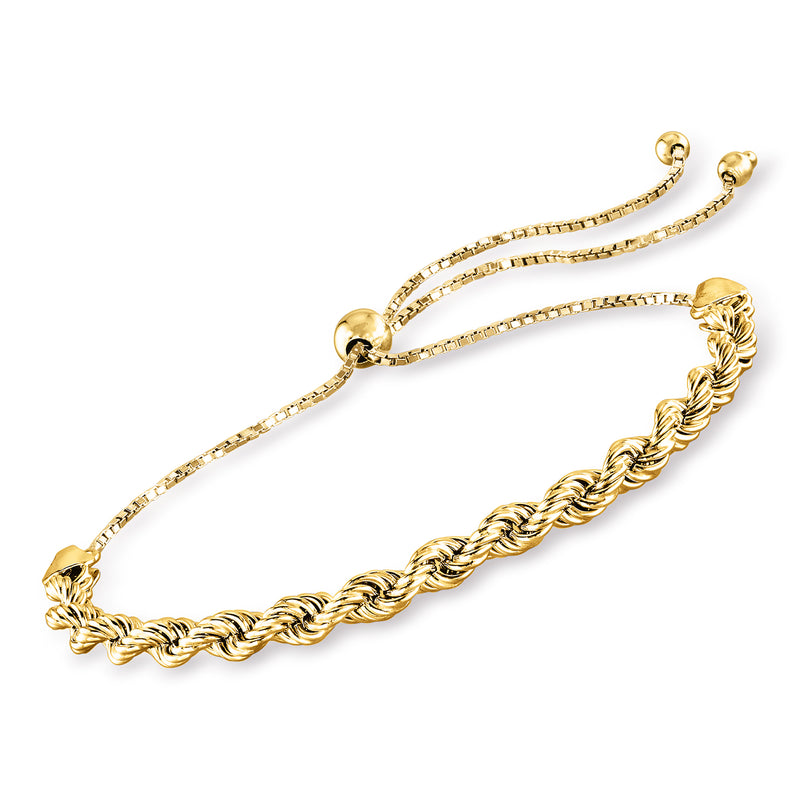 Gold-tone rope chain bolo bracelet with braided centerpiece and spherical end beads