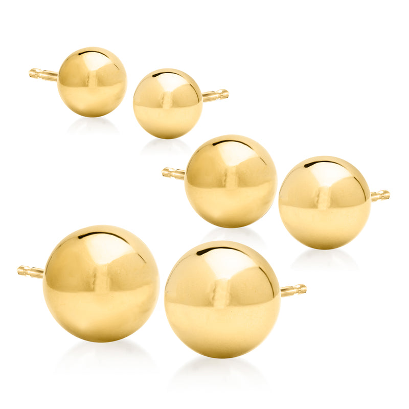 14kt yellow gold ball stud earring set, three pairs, round polished spheres