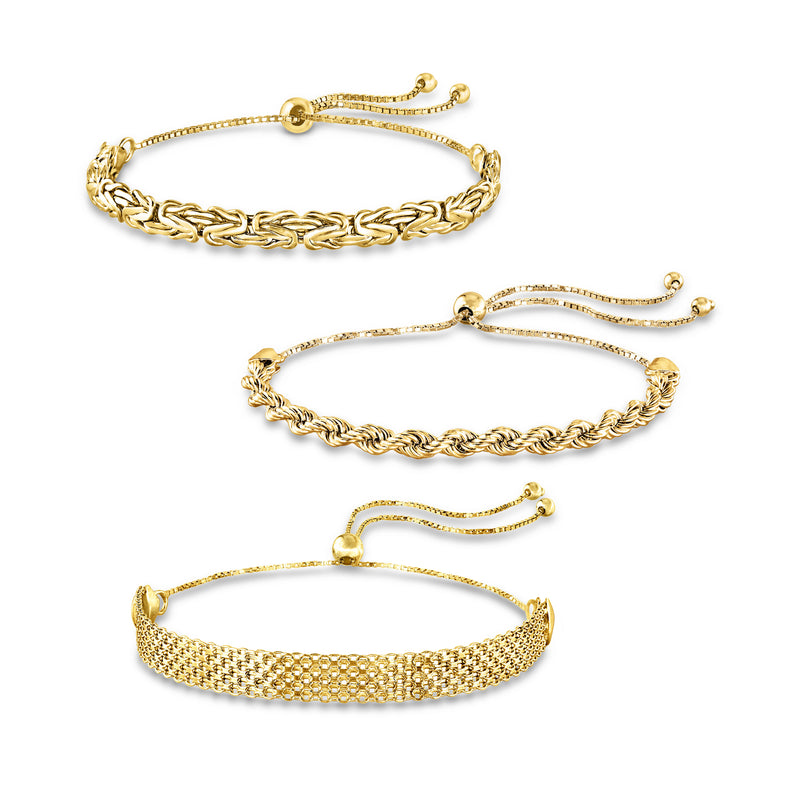 Three gold-toned bolo bracelets set with multi-link chain, adjustable cord ends
