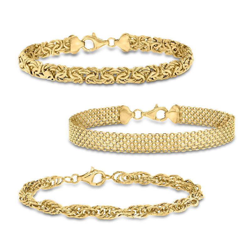 Three gold-tone link bracelets in a set: chain, mesh, and rope styles with clasps