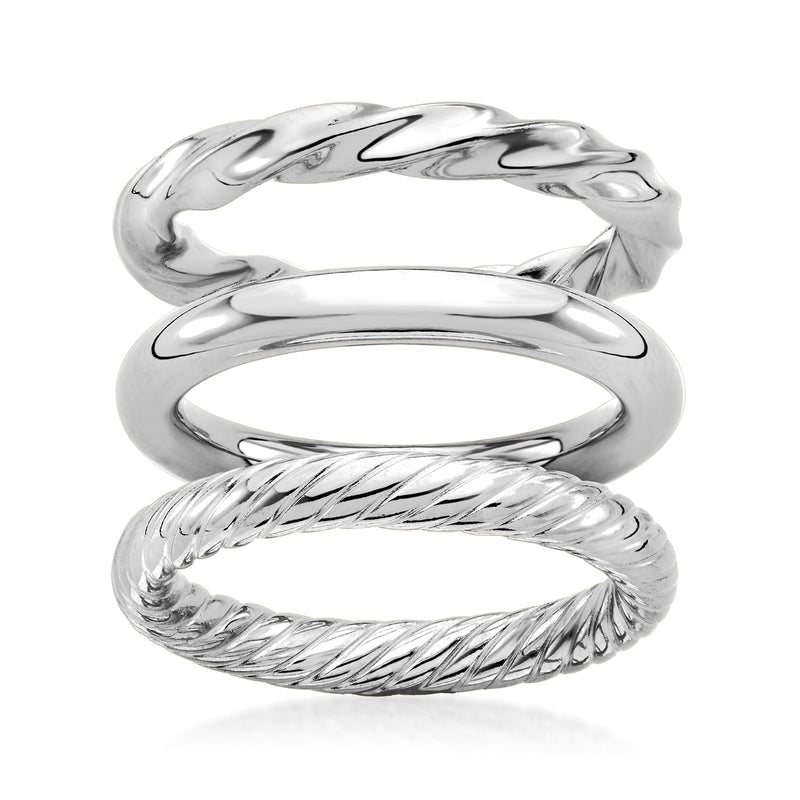 Sterling silver three-ring set: polished wavy, oval band, and braided band