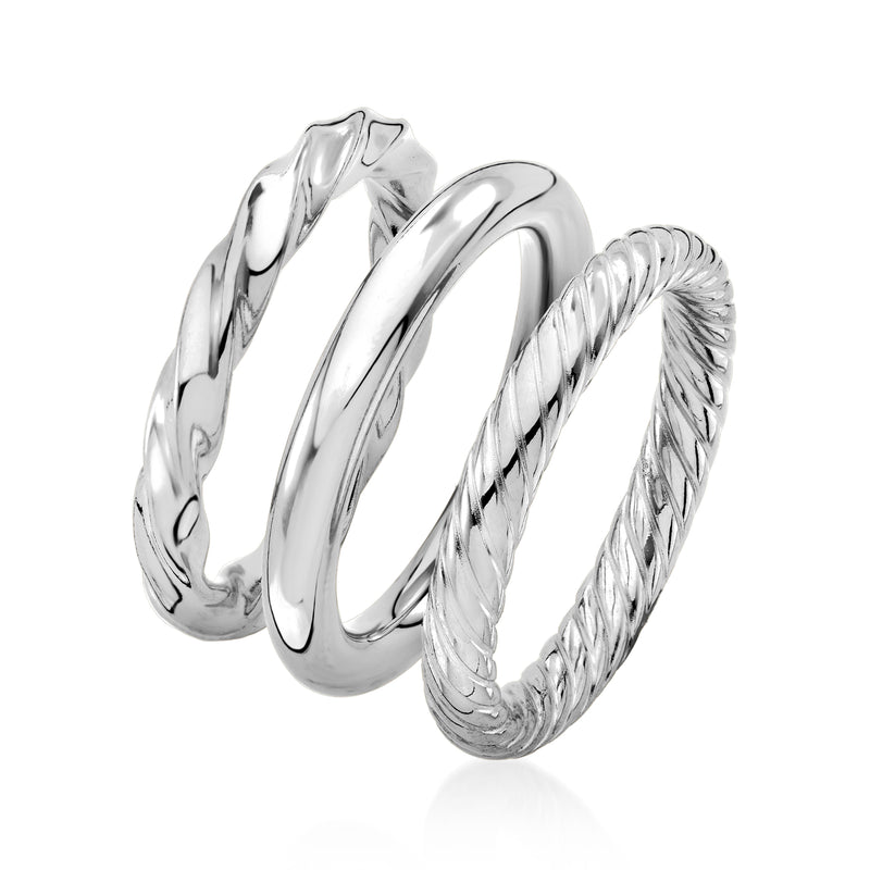 Sterling silver three-ring set: polished wavy band, smooth oval band, braided rope band