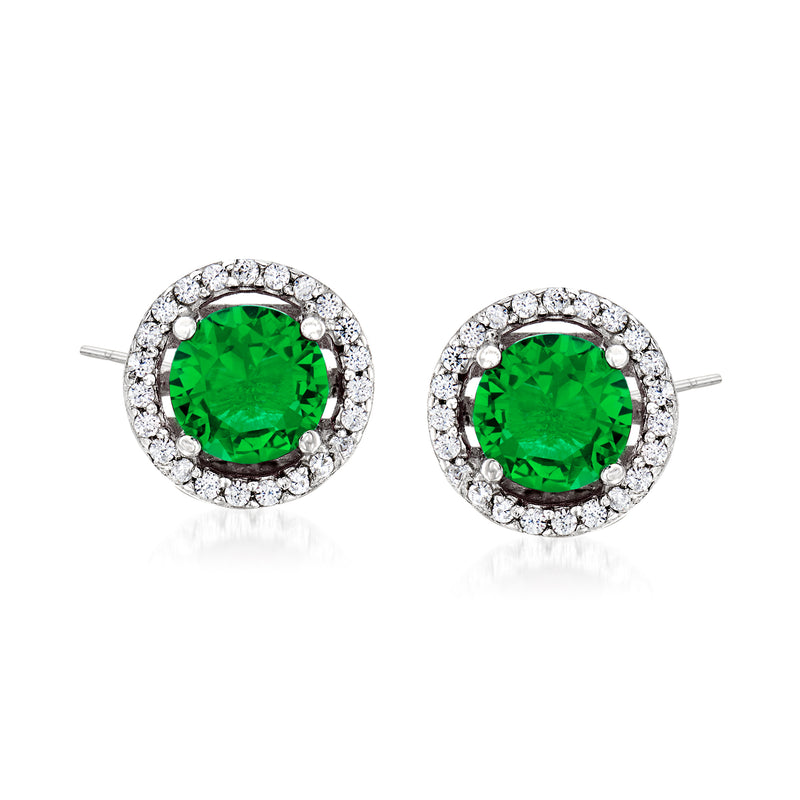 Green simulated emerald oval CZ halo sterling silver stud earrings with post backs