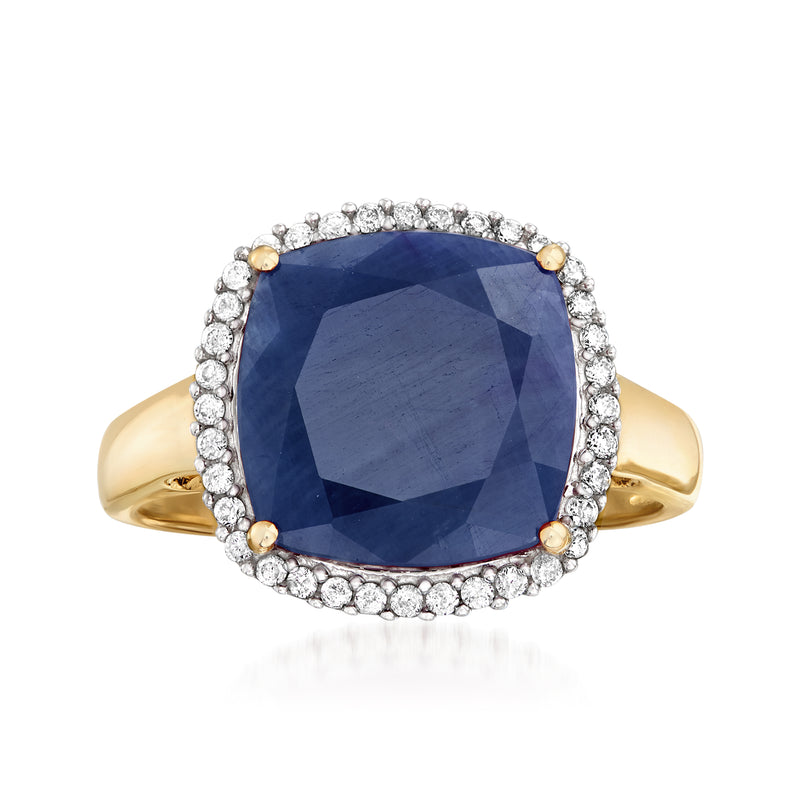 14kt yellow gold ring with large blue sapphire center and diamond halo