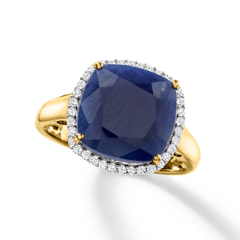 14kt yellow gold ring with cushion-cut blue sapphire and diamond halo border