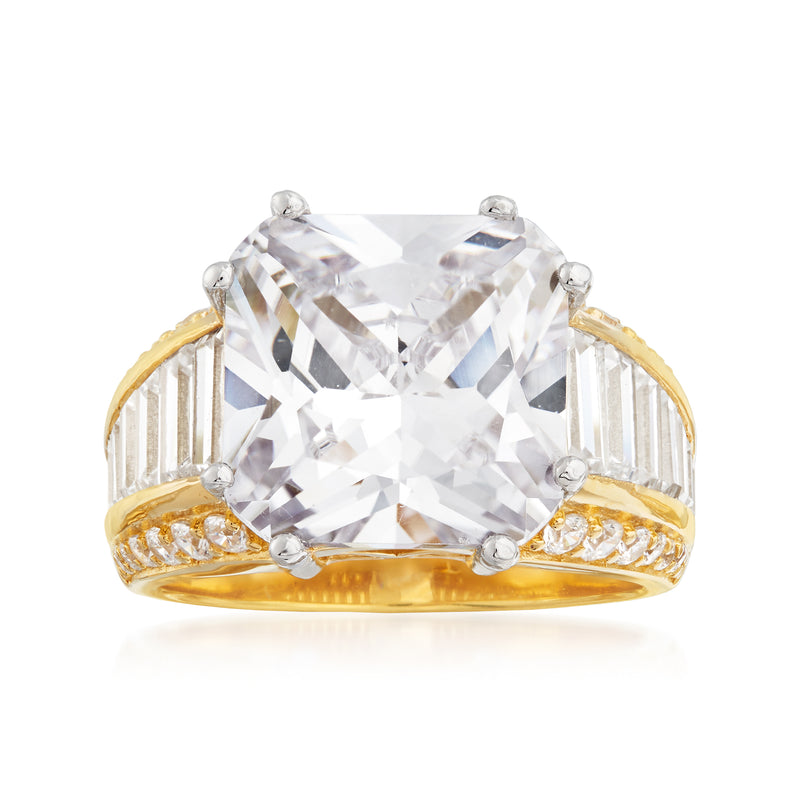 18kt gold over sterling CZ ring with large square-cut center stone and baguette side stones