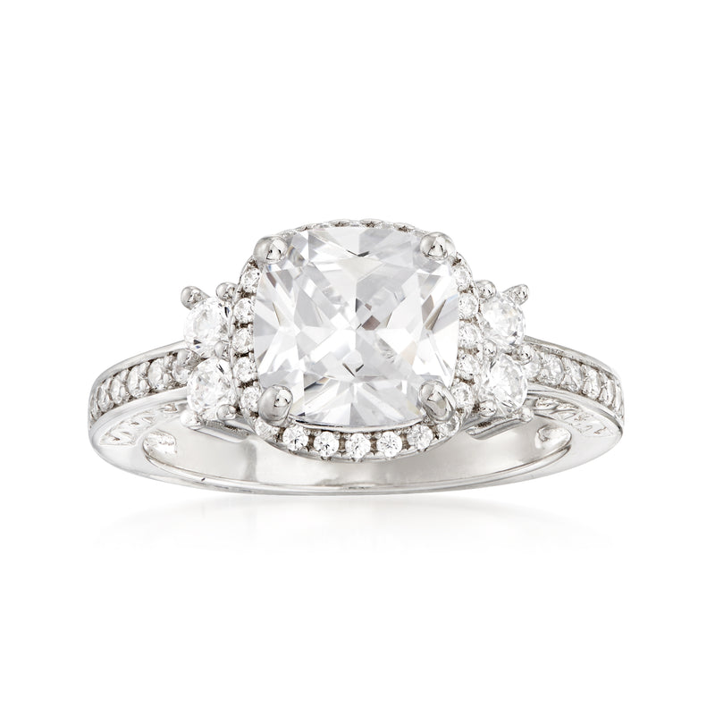 Sterling silver CZ ring with large cushion-cut center stone and pavé band