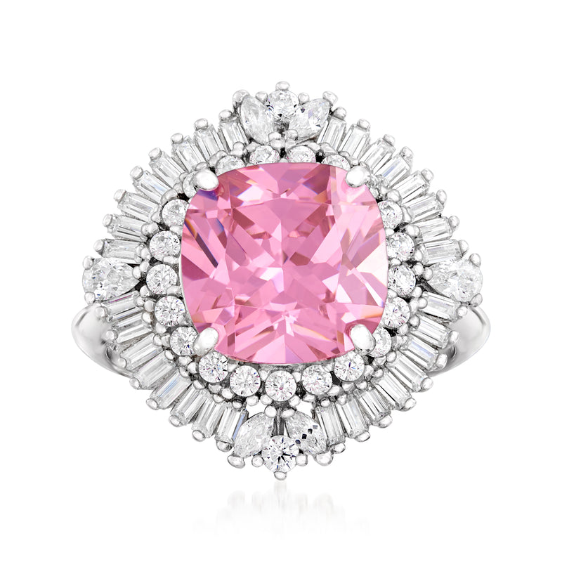 Sterling silver ring with pink simulated sapphire center and CZ halo, round stones