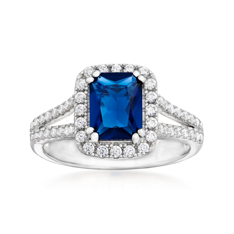 Sterling silver ring with blue square simulated sapphire center and CZ halo