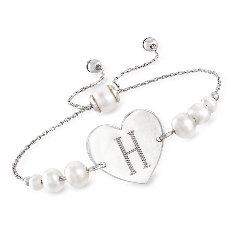 Sterling silver bolo bracelet with white cultured pearls and heart pendant monogram H
