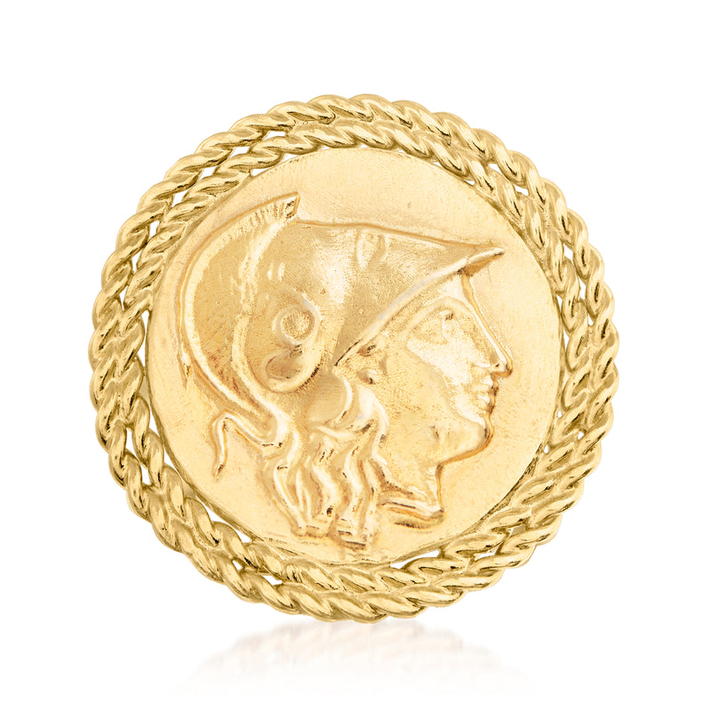 Gold-tone cameo-style ring face with engraved profile and braided border