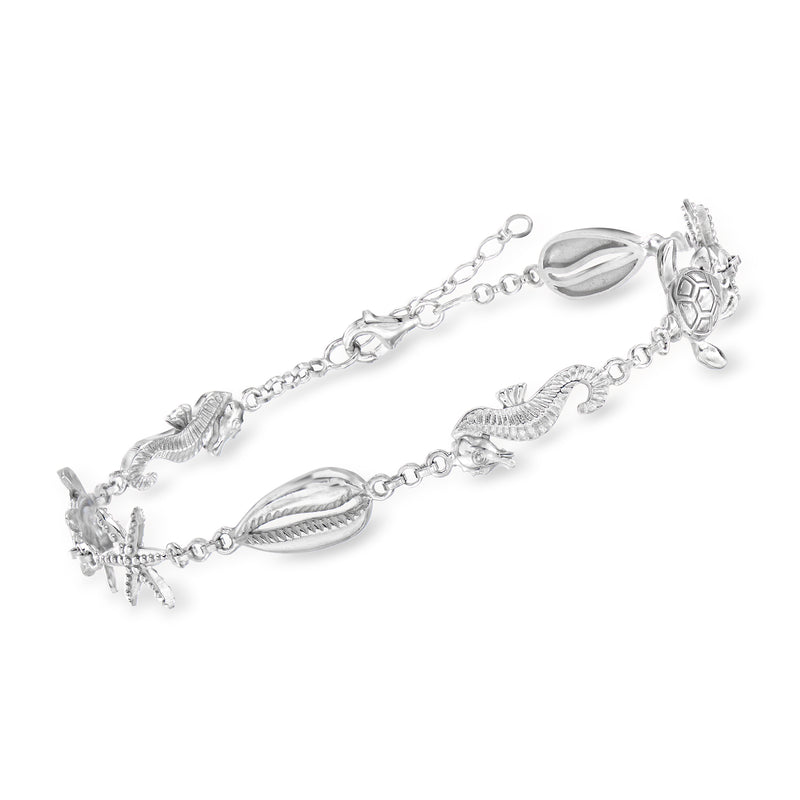 Sterling silver anklet with ring clasp, starfish and seashell charms on links
