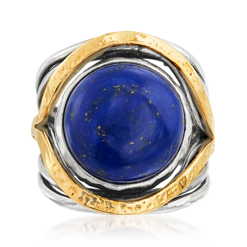 Sterling silver ring with oval lapis gemstone, 14kt yellow gold bezel detail
