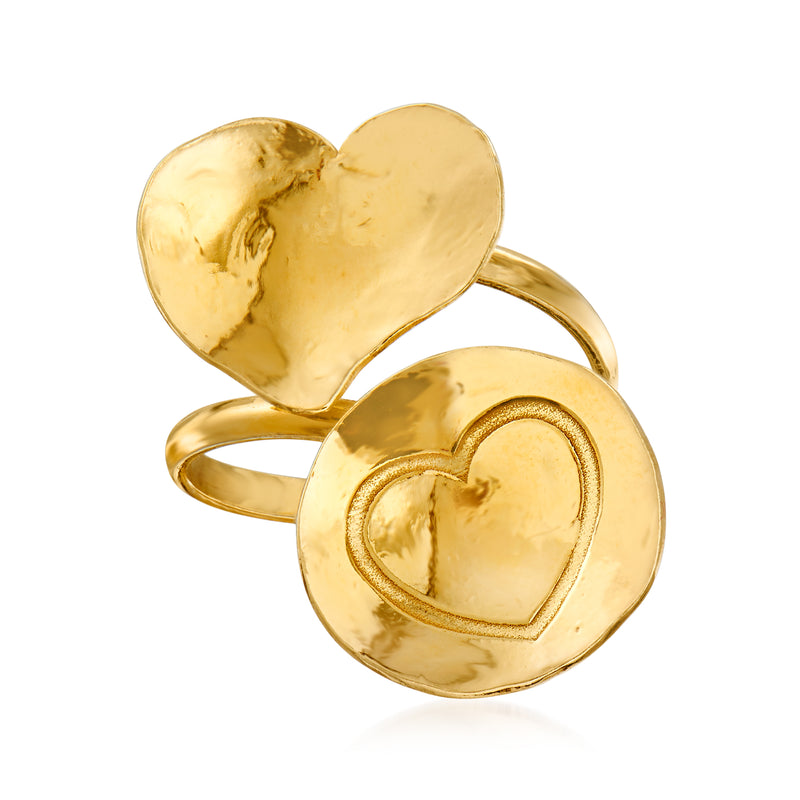 18kt gold over sterling heart bypass ring with two overlapping heart faces
