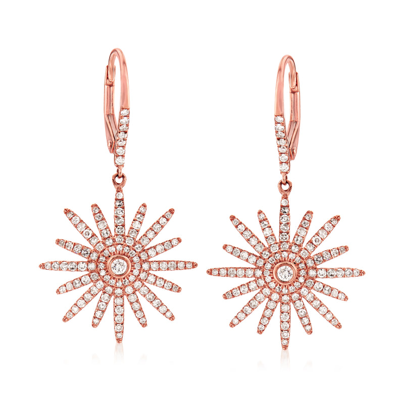18kt rose gold starburst drop earrings with leverbacks, round center and radiant stones