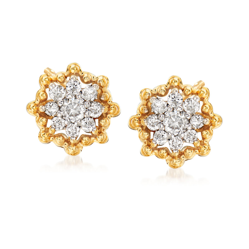 14kt yellow gold diamond flower stud earrings, round center stones on textured petals
