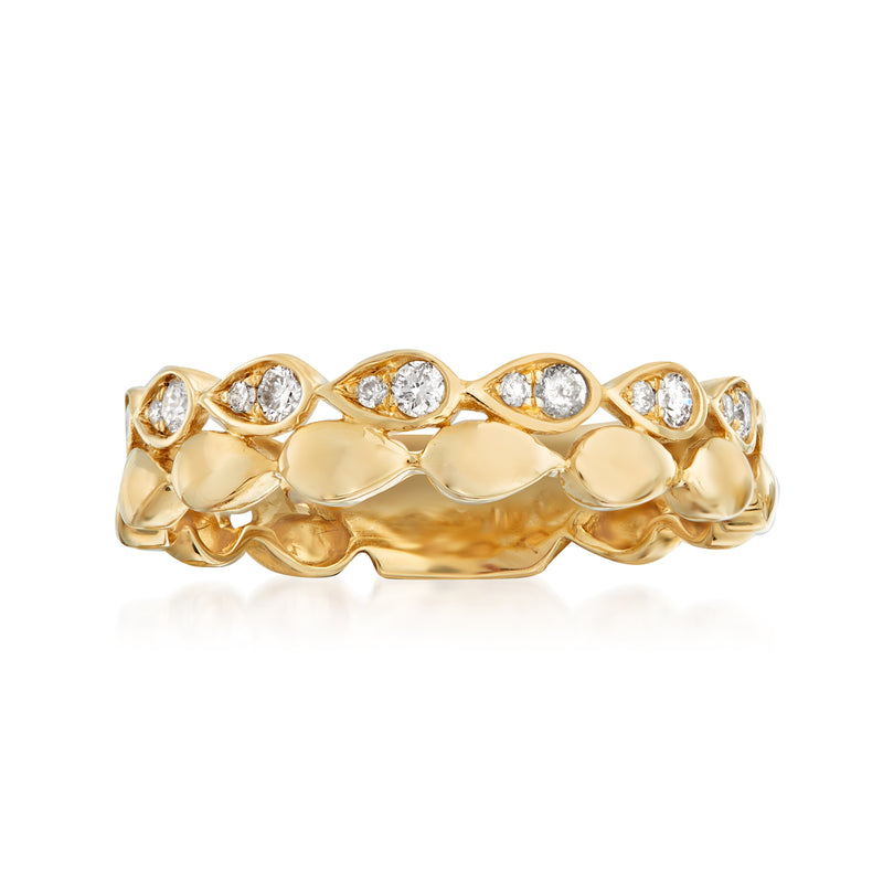 14kt yellow gold two-row diamond ring with round stones in scalloped setting