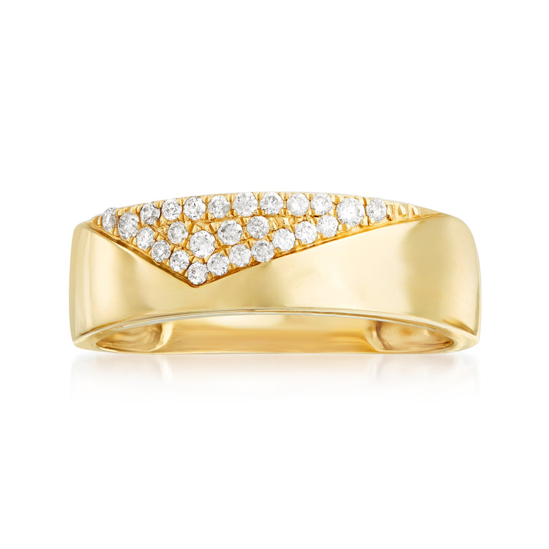 14kt yellow gold diamond pave band ring with a curved top and round stones