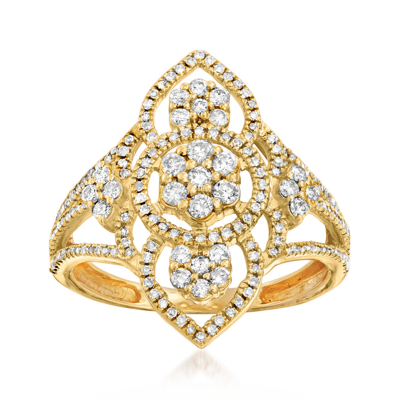 14kt yellow gold openwork diamond ring with round stone clusters and halo design