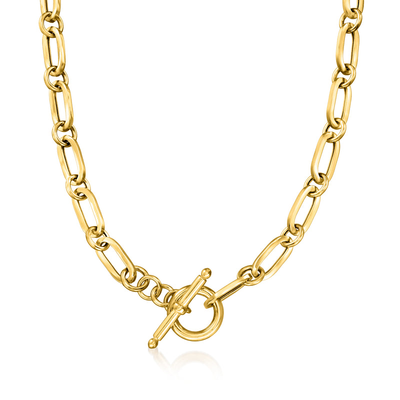 Gold paper clip link necklace with toggle clasp center detail