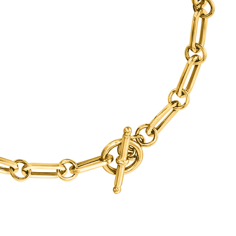 Gold paper clip link necklace clasp detail with ring and bar