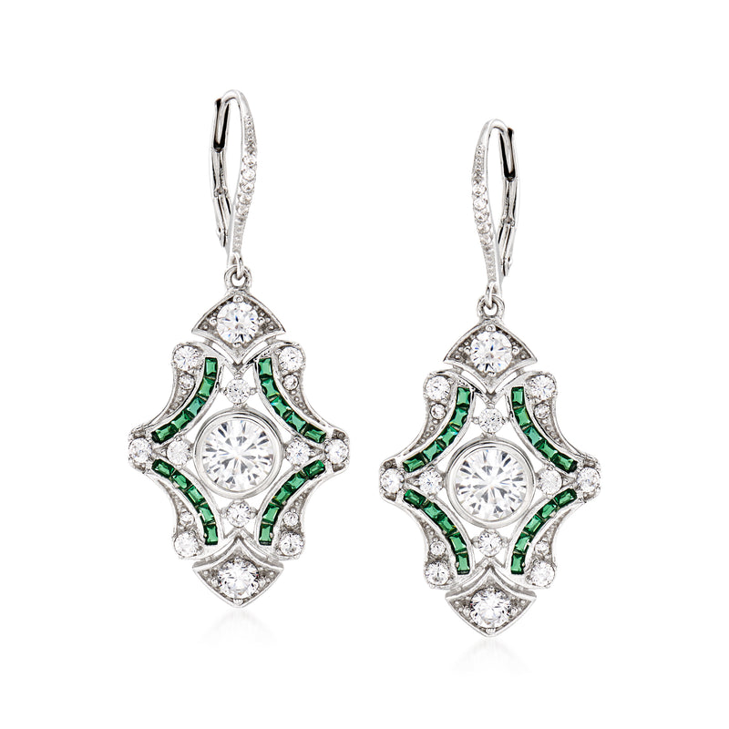 Sterling silver drop earrings with clear CZ and green simulated emerald accents, leverback closure