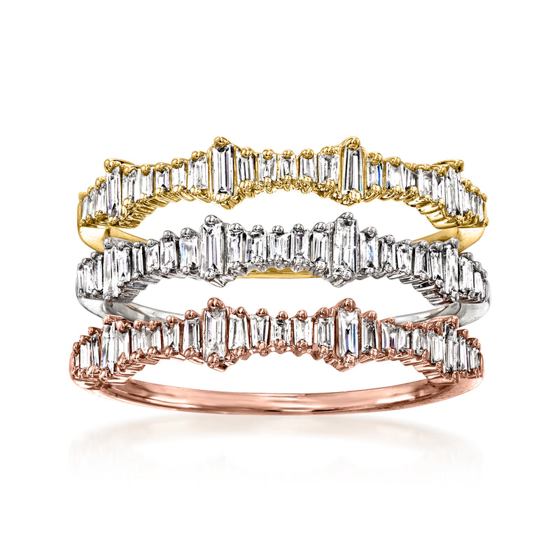 Tri-colored gold baguette diamond ring set of three, stacked bands with clear baguette stones