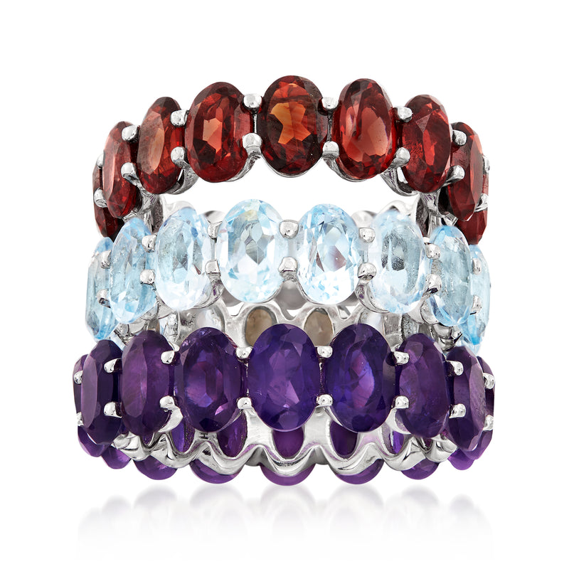 Sterling silver multi-gemstone ring set with red, blue, and purple oval stones