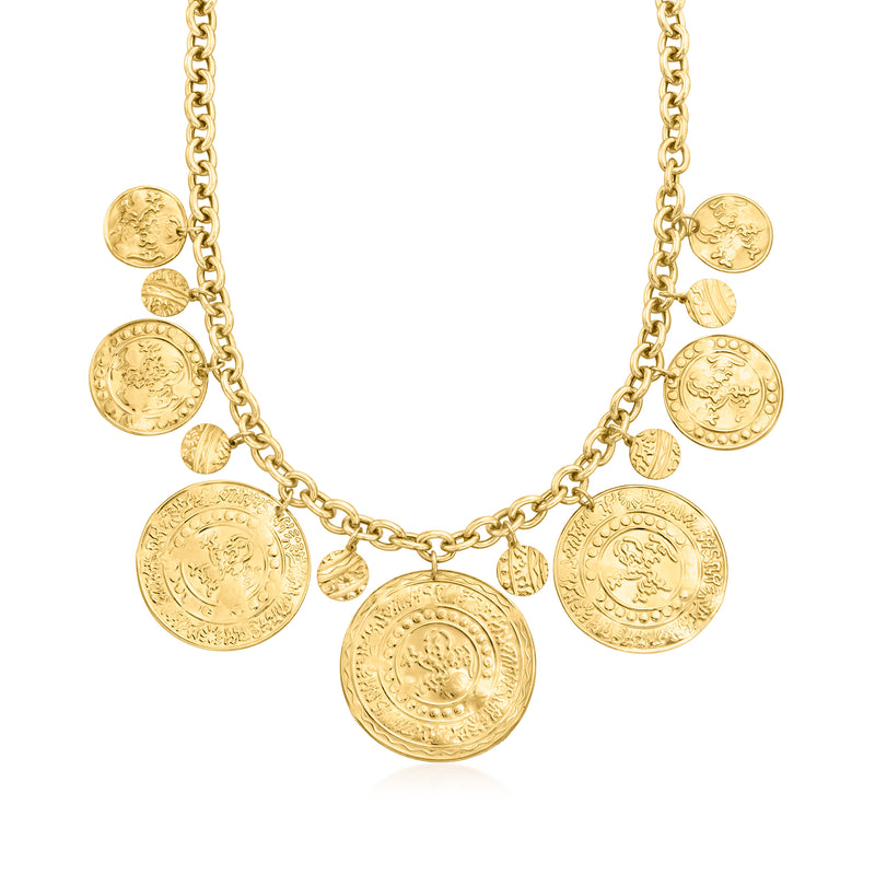 Gold-tone coin charm necklace with multiple round Arabic-inspired medallions and link chain