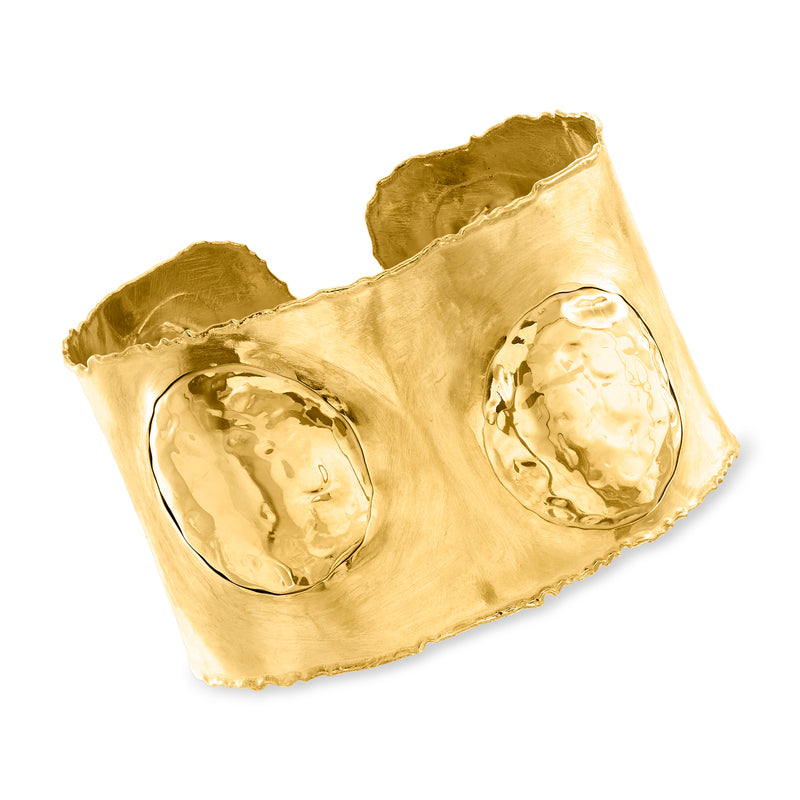 Gold-tone cuff bracelet with two oval hammered metal discs