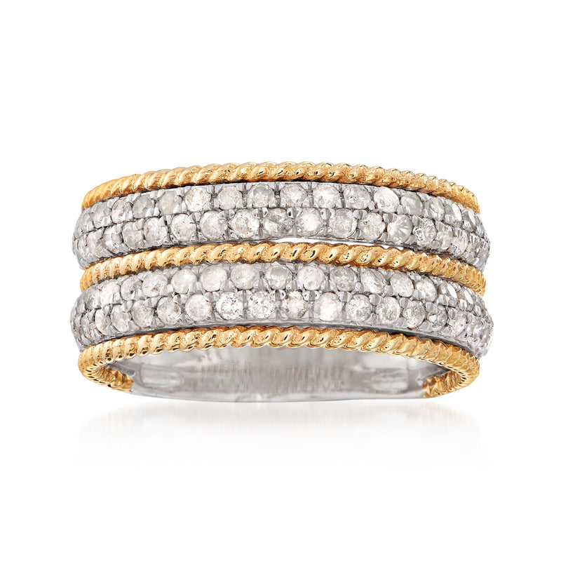 Diamond ring in sterling silver and 14kt yellow gold with multi-row pavé setting