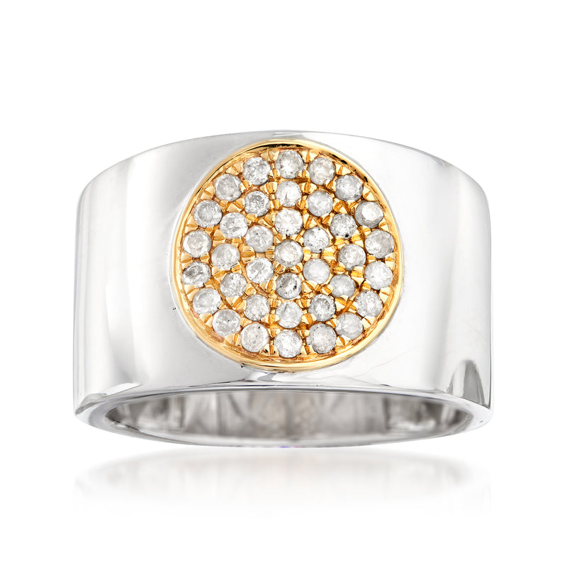 Sterling silver ring with round diamond circle cluster in 14kt yellow gold bezel