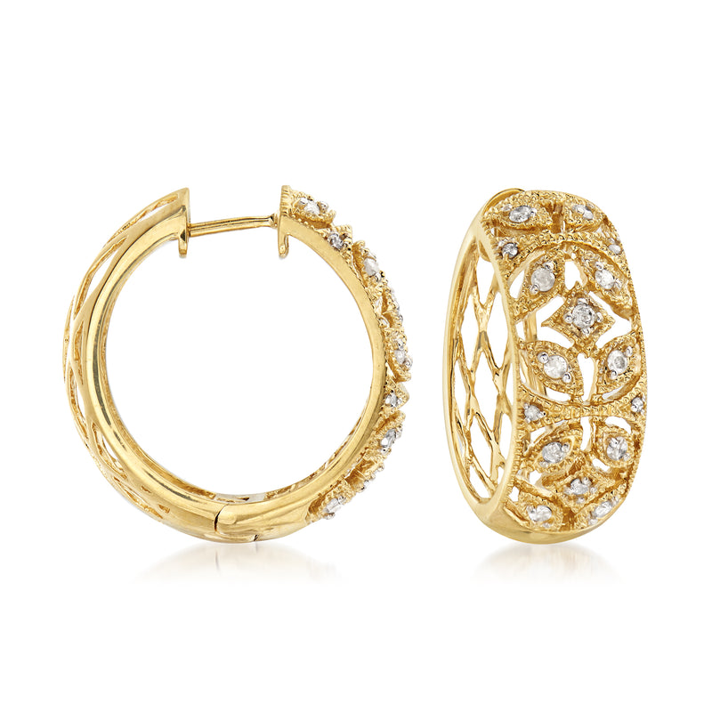 18kt gold hoop earrings with diamond floral filigree detail and clasp backs