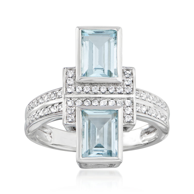 Sterling silver ring with two sky blue topaz rectangles and white topaz accents