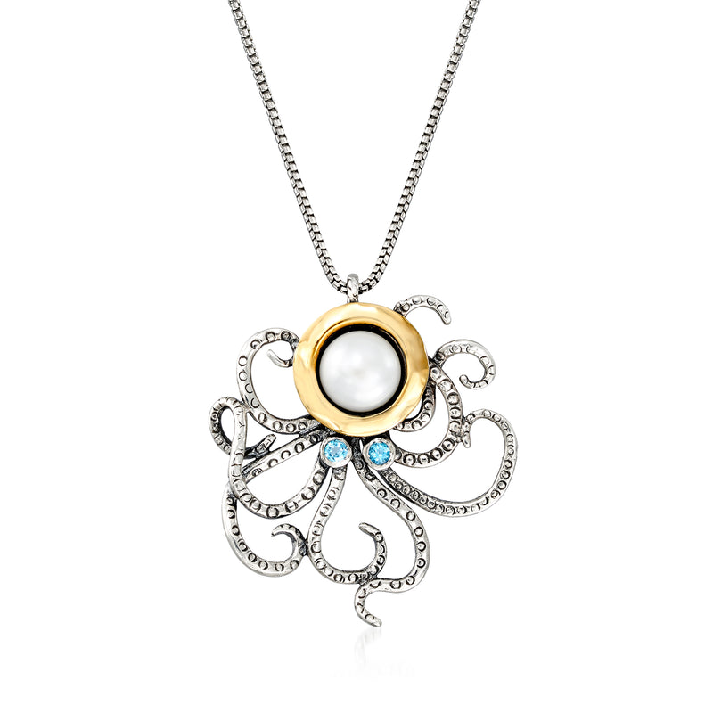 Octopus pendant necklace with white cultured pearl, blue stones, silver and 14kt yellow gold