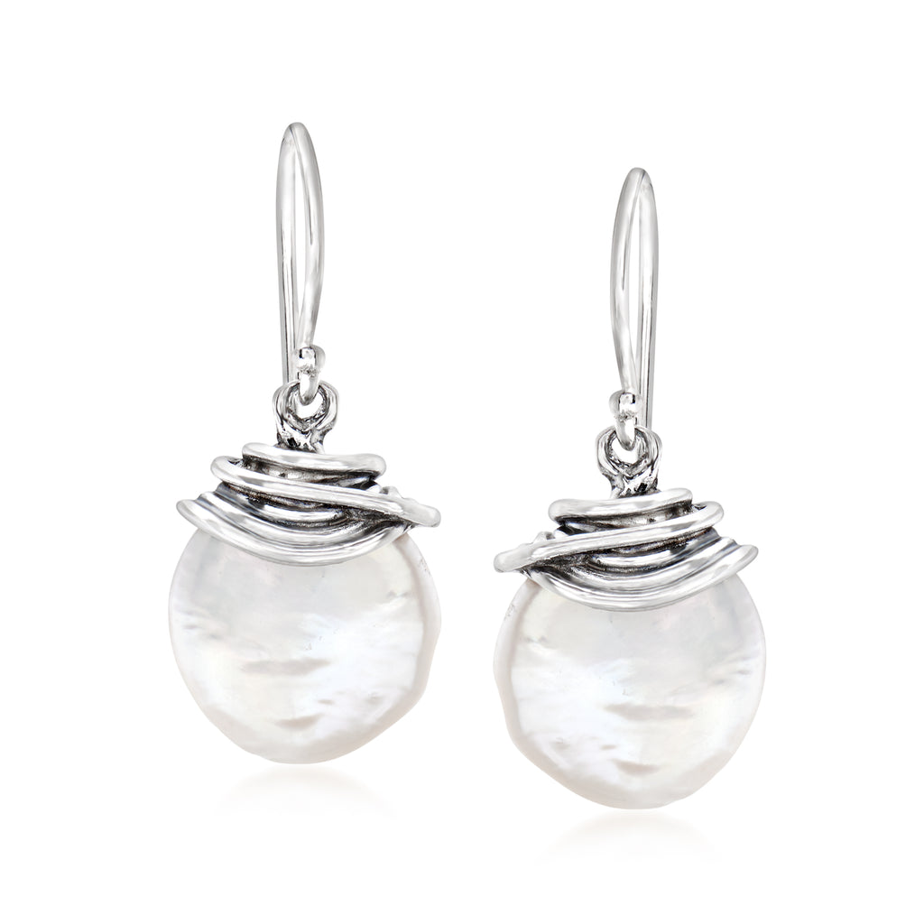 11 12mm Cultured Coin Pearl Drop Earrings Sterling