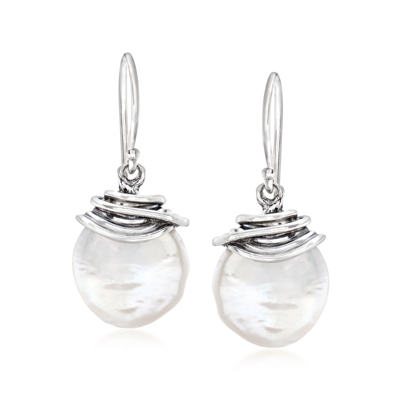 Cultured coin pearl drop earrings in sterling silver with layered hoop details