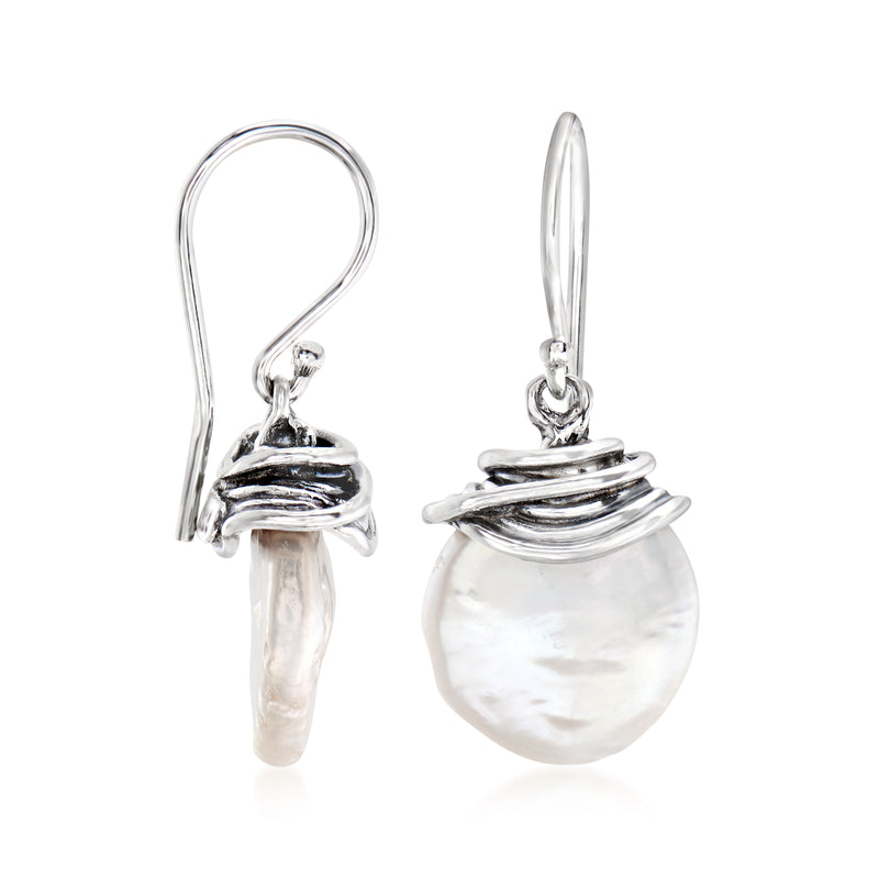 Sterling silver earwire drop earrings with coin pearl and stacked ring bands