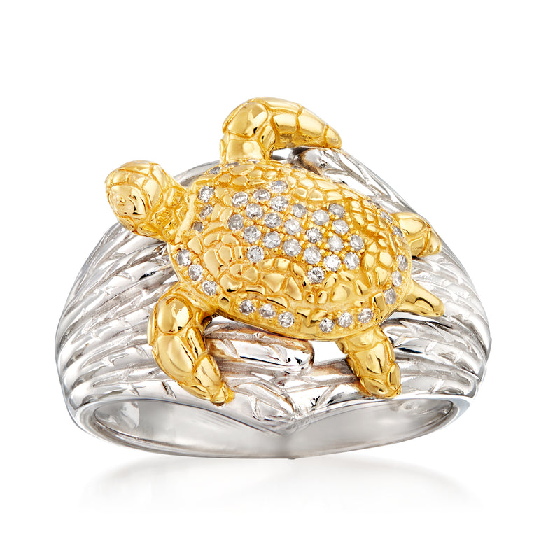 Turtle ring in sterling silver and 18kt gold over sterling with diamond accents