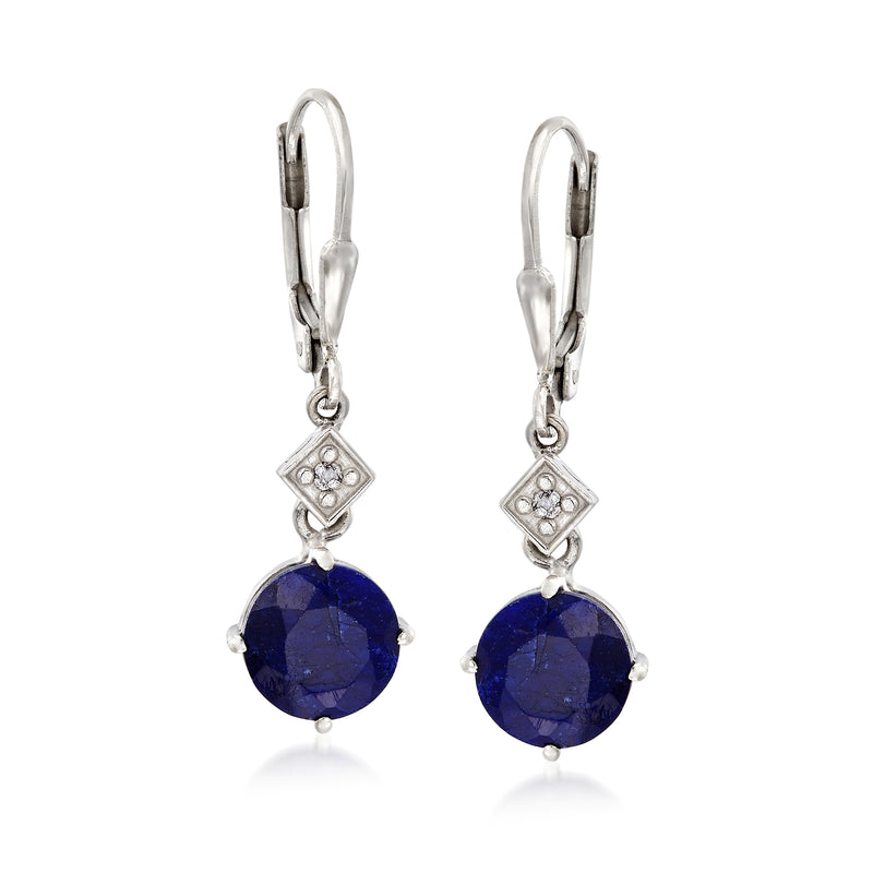 Sterling silver sapphire drop earrings with diamond halo, blue stones, leverback