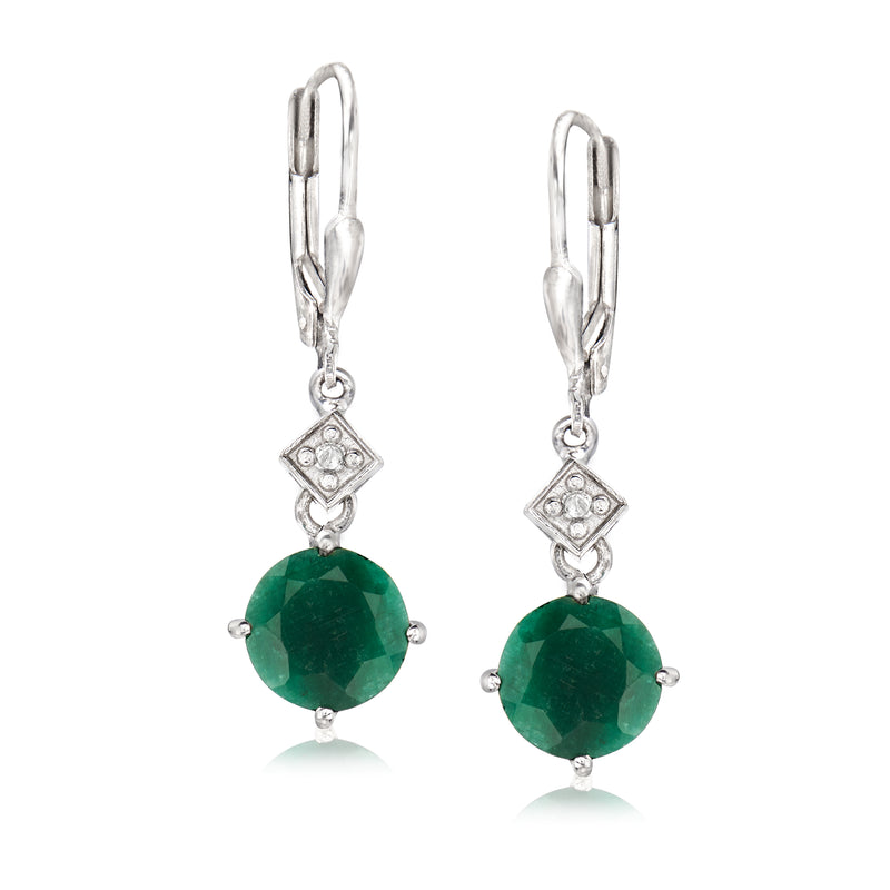 Sterling silver leverback drop earrings with green emerald and diamond accents