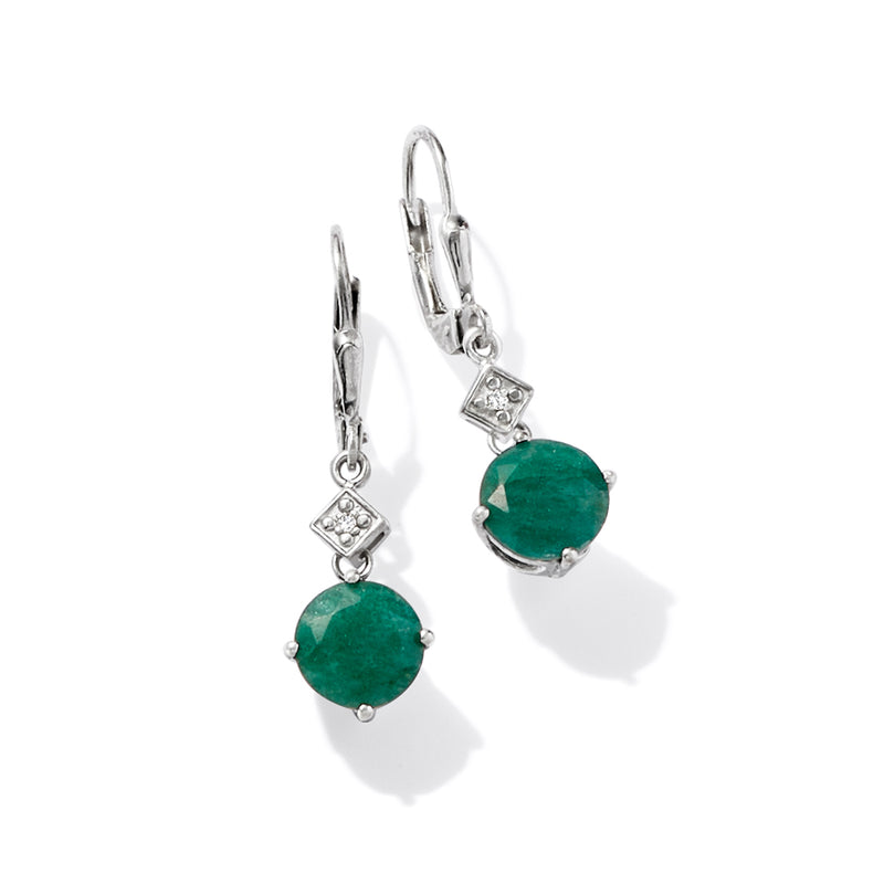 Sterling silver leverback earrings with green round emerald drops and diamond squares